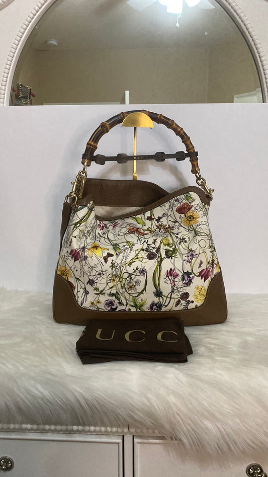 Gucci Bamboo White Floral Canvas Two Way Tote Bag