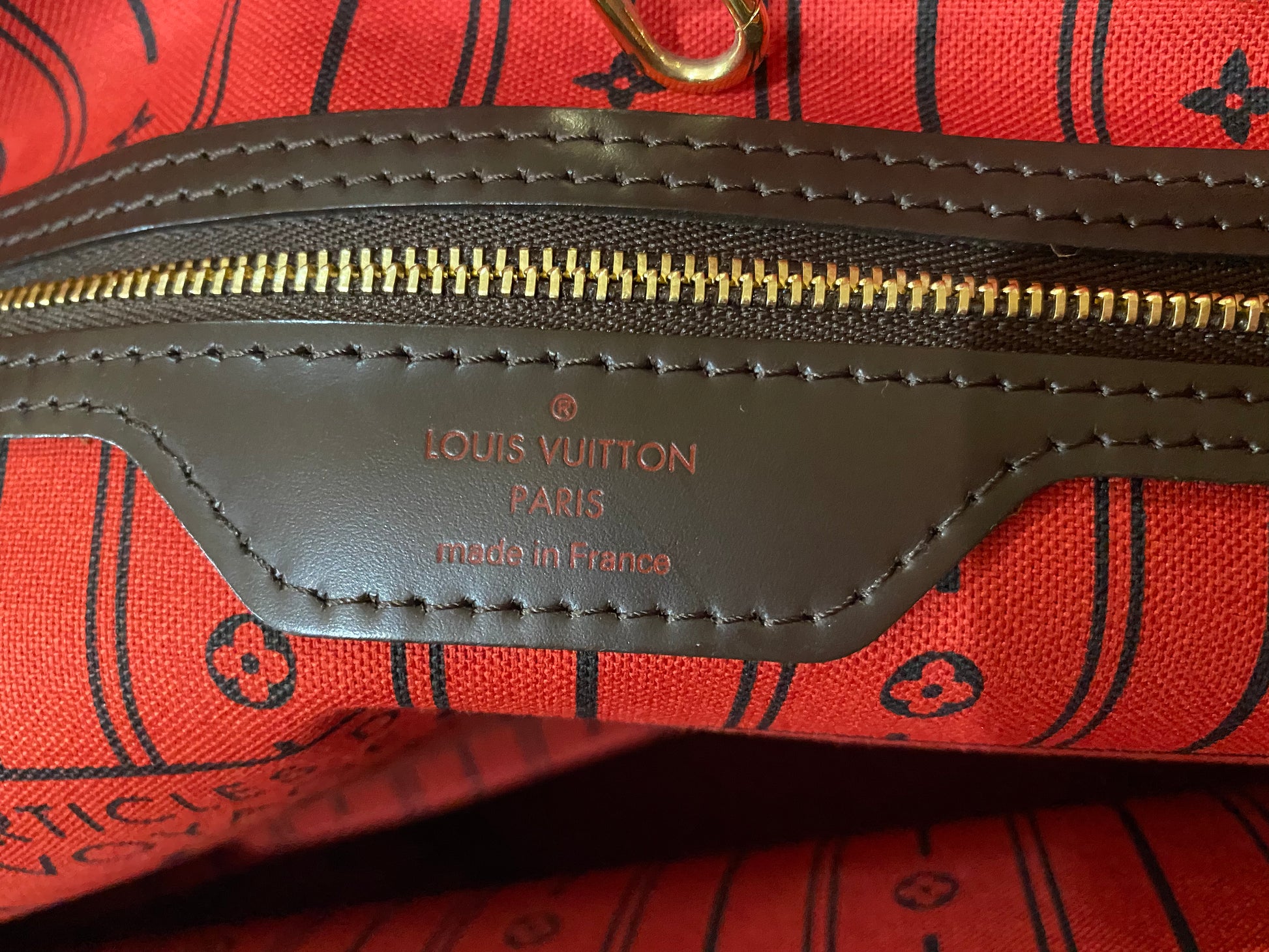 Louis Vuitton Neverfull MM Tote Bag Damier Ebene Red France 
